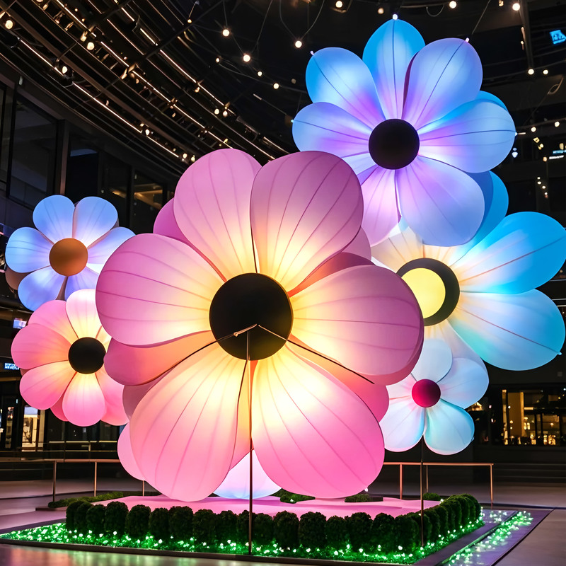 Custom Giant LED Light‑Up Flower Sculpture, Large Illuminated Floral Installation for Shopping Mall & Commercial Event Decoration