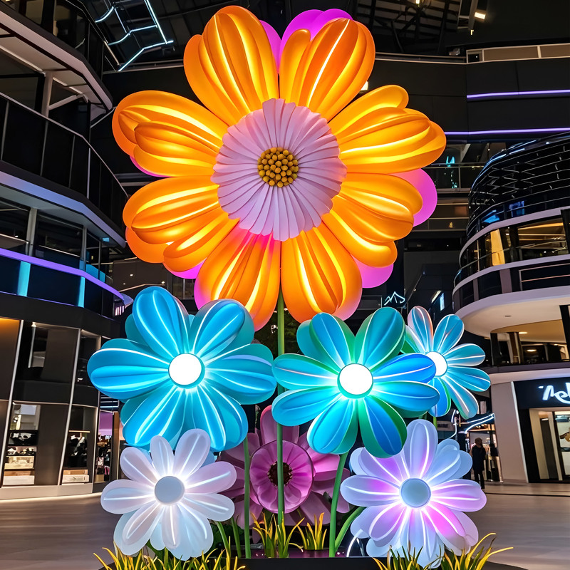 Custom Giant LED Light‑Up Flower Sculpture, Large Illuminated Floral Installation for Shopping Mall & Commercial Event Decoration