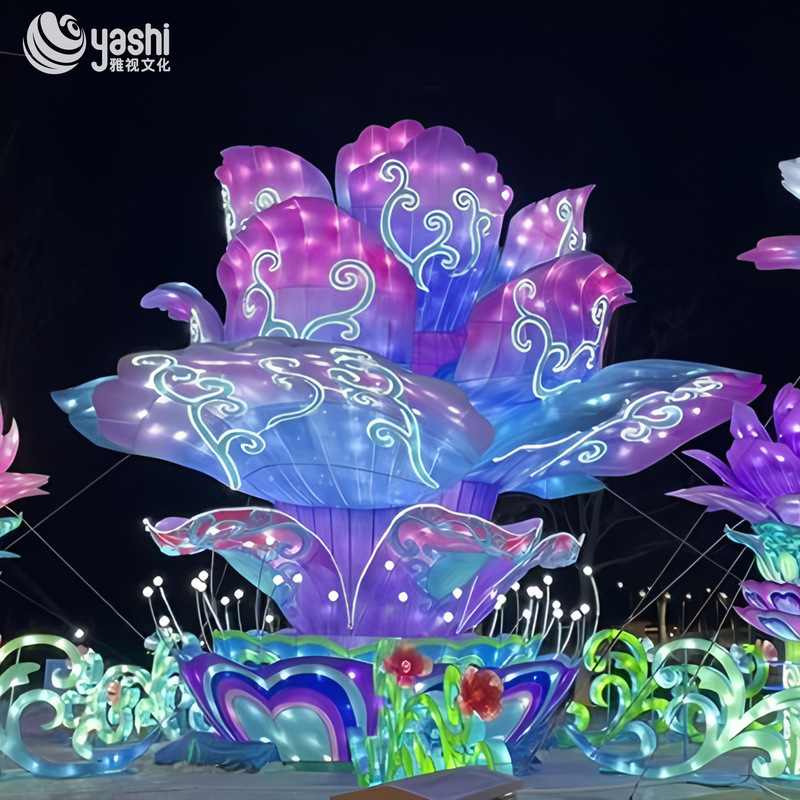 কাস্টম বিশাল চীনা শৈলী লোটাস ফুল লণ্ঠন, বড় লণ্ঠন উৎসবের জন্য অলঙ্কৃত প্যাটার্ন এলইডি লাইট ভাস্কর্য