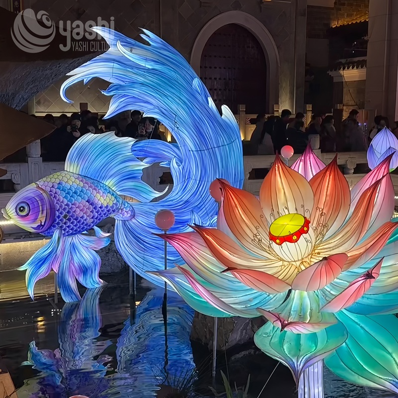 Custom Koi Fish & Lotus Combination LED Lantern Set, Oriental Water‑Scene Light Sculpture for Temple & Park Light Festival