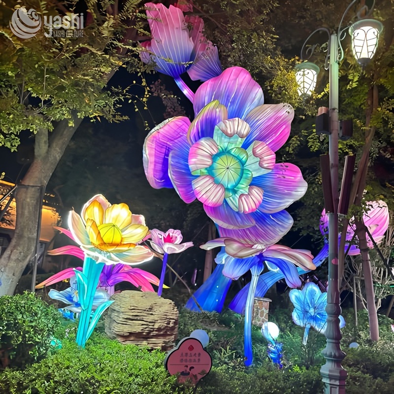 مجموعه فانوس گل سفارشی با پروانه، مجسمه نور گل LED رنگارنگ برای نمایش فانوس شب پارک