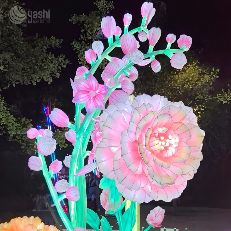 فانوس گل صدتومانی غول پیکر سفارشی، مجسمه نورانی گل LED بزرگ برای جشنواره شب باغ پارک