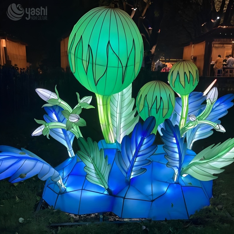 Специализированная гигантская зеленая цветовая бутонная фонарь LED группа, скульптура цветочного света стиля природы для фестиваля открытого сада