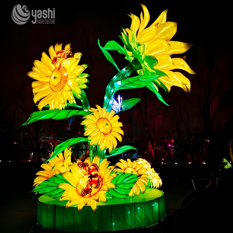 Grupo de linternas de girasol gigante personalizado, escultura de luz floral LED con mariposa para la exposición del festival Park Night