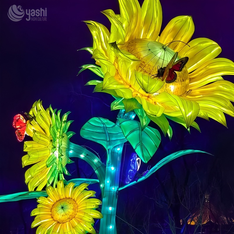Grupo de linternas de girasol gigante personalizado, escultura de luz floral LED con mariposa para la exposición del festival Park Night