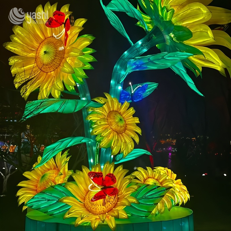 Grupo de linternas de girasol gigante personalizado, escultura de luz floral LED con mariposa para la exposición del festival Park Night
