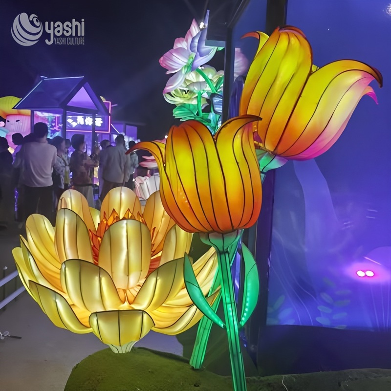 Custom Tulip Flower Field Lantern Set, Large LED Floral Light Sculpture for Garden & Night Lantern Festival
