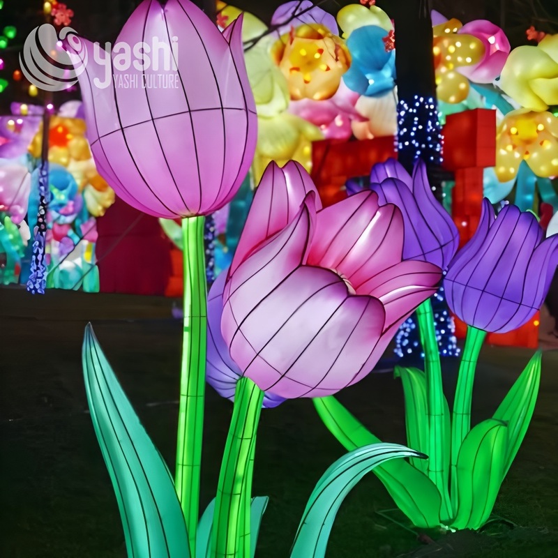 Custom Tulip Flower Field Lantern Set, Large LED Floral Light Sculpture for Garden & Night Lantern Festival