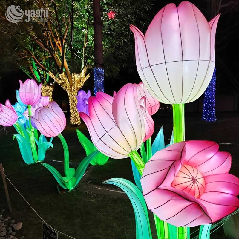Custom Tulip Flower Field Lantern Set, Large LED Floral Light Sculpture for Garden & Night Lantern Festival