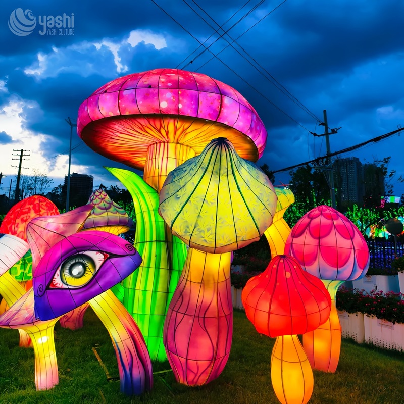 Juego de linternas gigantes de setas psicodélicas personalizadas, escultura de luz LED de setas con ojos de fantasía para parques temáticos y festivales nocturnos
