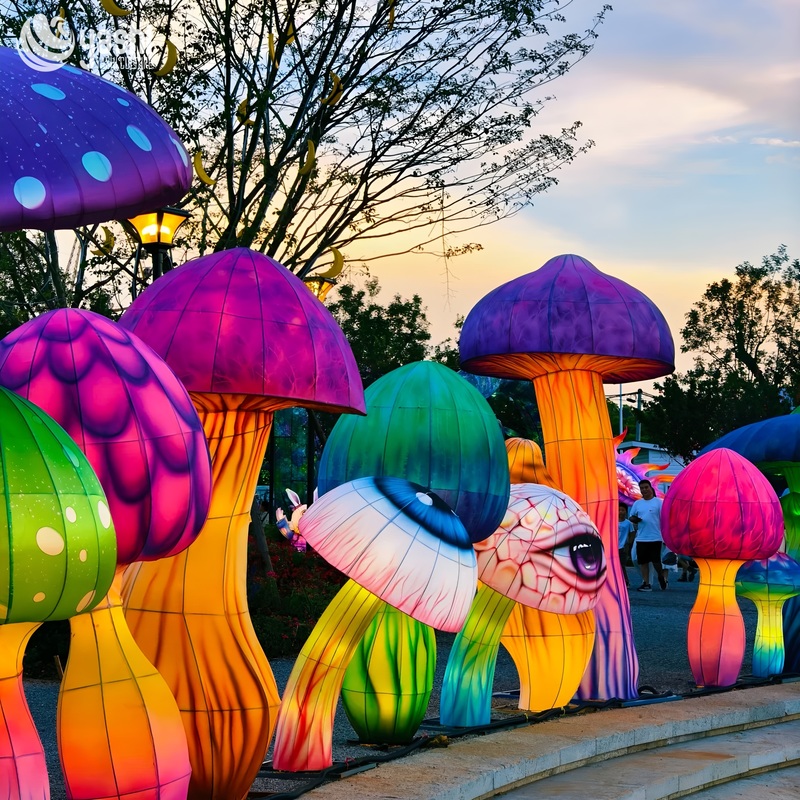 Juego de linternas gigantes de setas psicodélicas personalizadas, escultura de luz LED de setas con ojos de fantasía para parques temáticos y festivales nocturnos