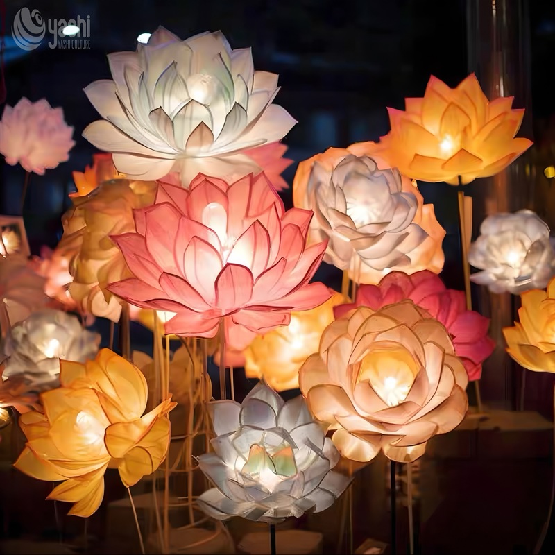 Custom Giant Lotus Flower Lantern Group, Colorful LED Floral Light Sculpture for Pond & Night Lantern Festival