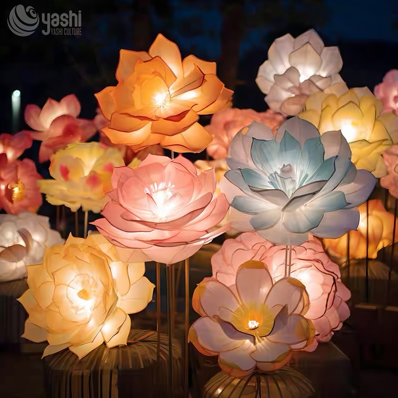 Custom Giant Lotus Flower Lantern Group, Colorful LED Floral Light Sculpture for Pond & Night Lantern Festival