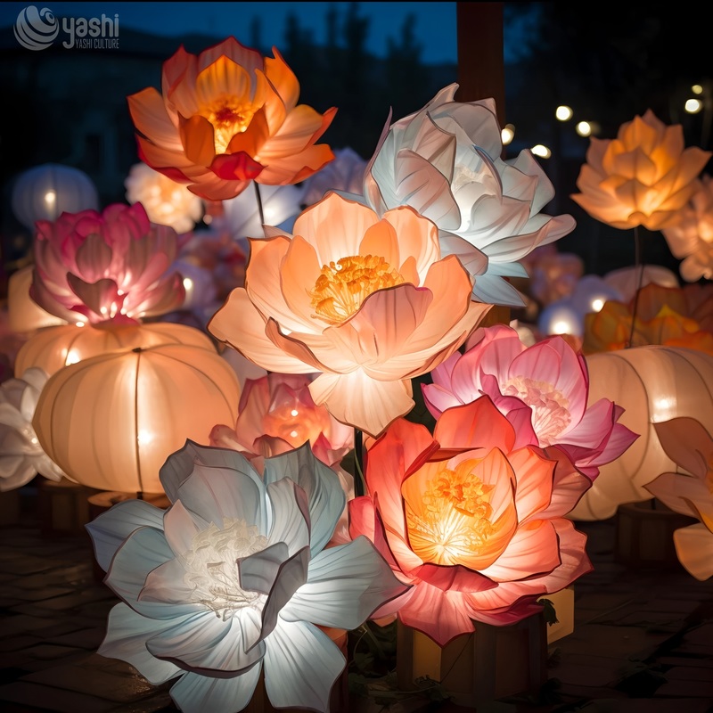 Custom Giant Lotus Flower Lantern Group, Colorful LED Floral Light Sculpture for Pond & Night Lantern Festival