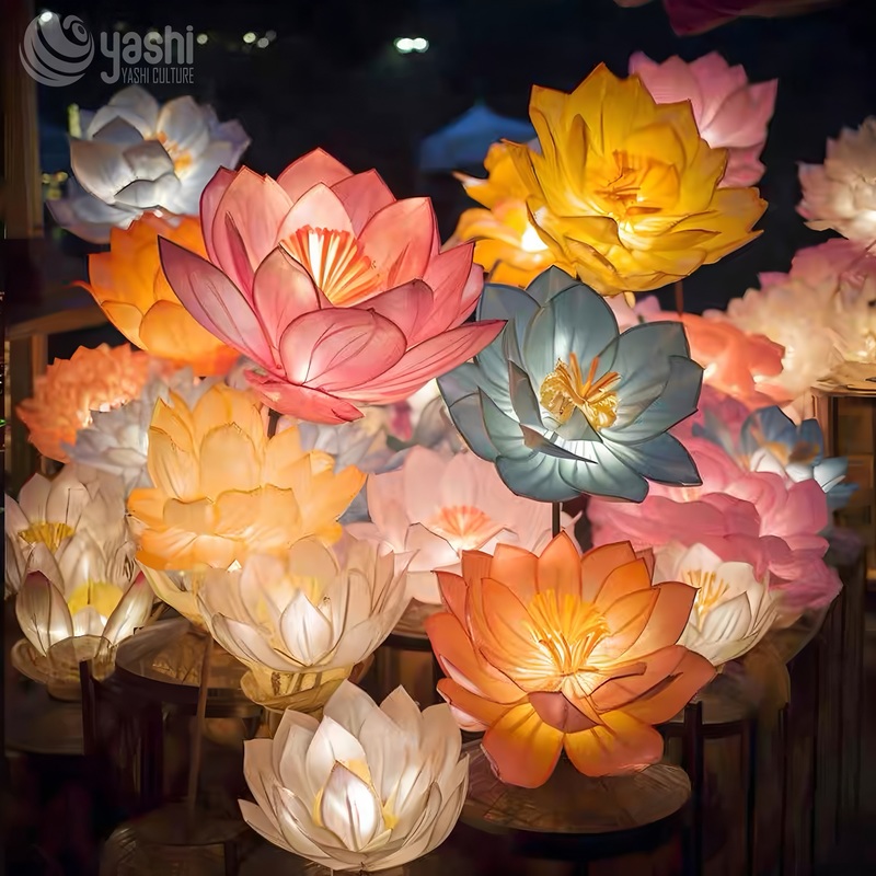 Custom Giant Lotus Flower Lantern Group, Colorful LED Floral Light Sculpture for Pond & Night Lantern Festival