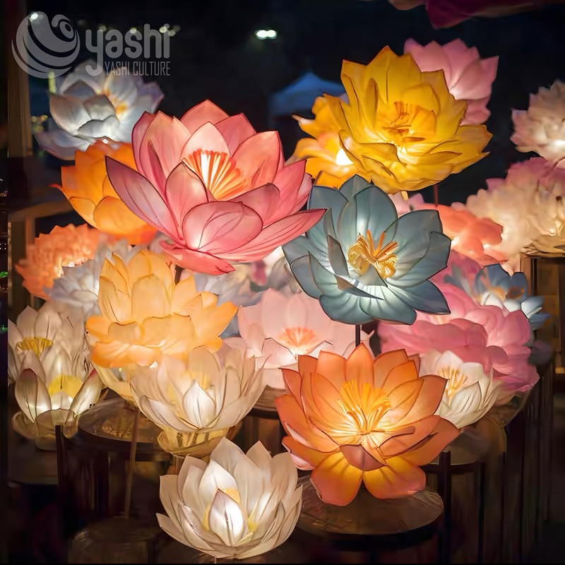 Custom Giant Lotus Flower Lantern Group, Colorful LED Floral Light Sculpture for Pond & Night Lantern Festival