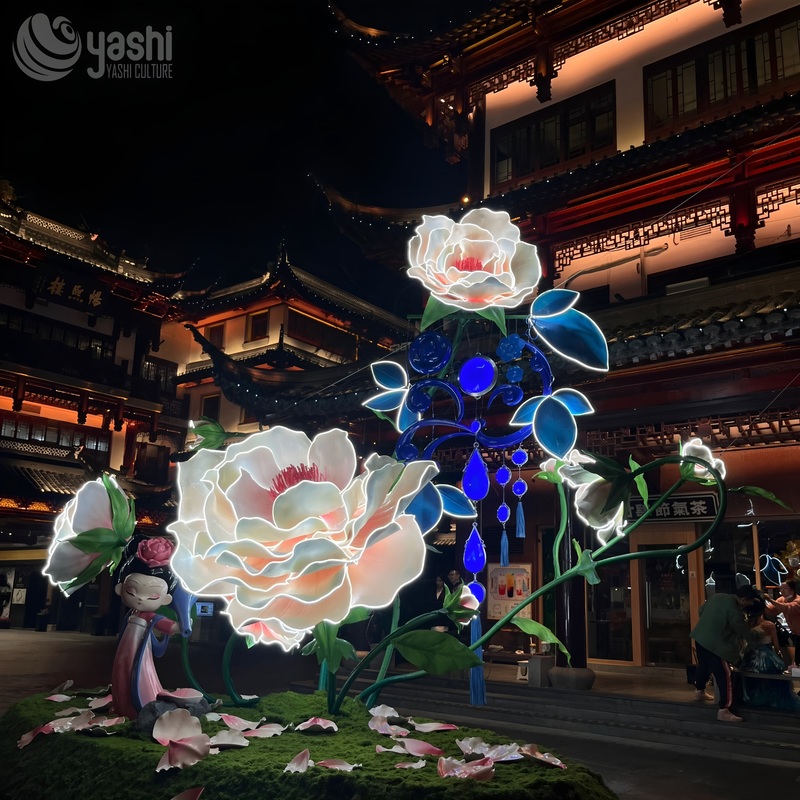 Custom Ancient Chinese Lady Peony Lantern Set, Large LED Traditional Character‑Floral Light Sculpture for Festival Show