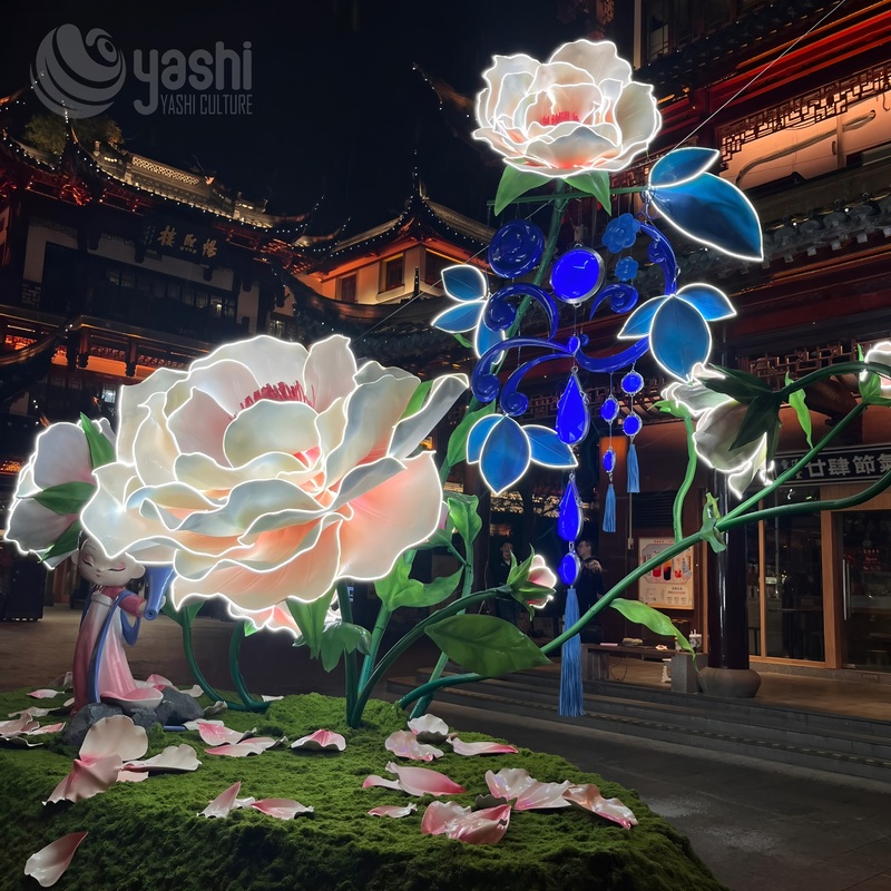 Custom Ancient Chinese Lady Peony Lantern Set, Large LED Traditional Character‑Floral Light Sculpture for Festival Show