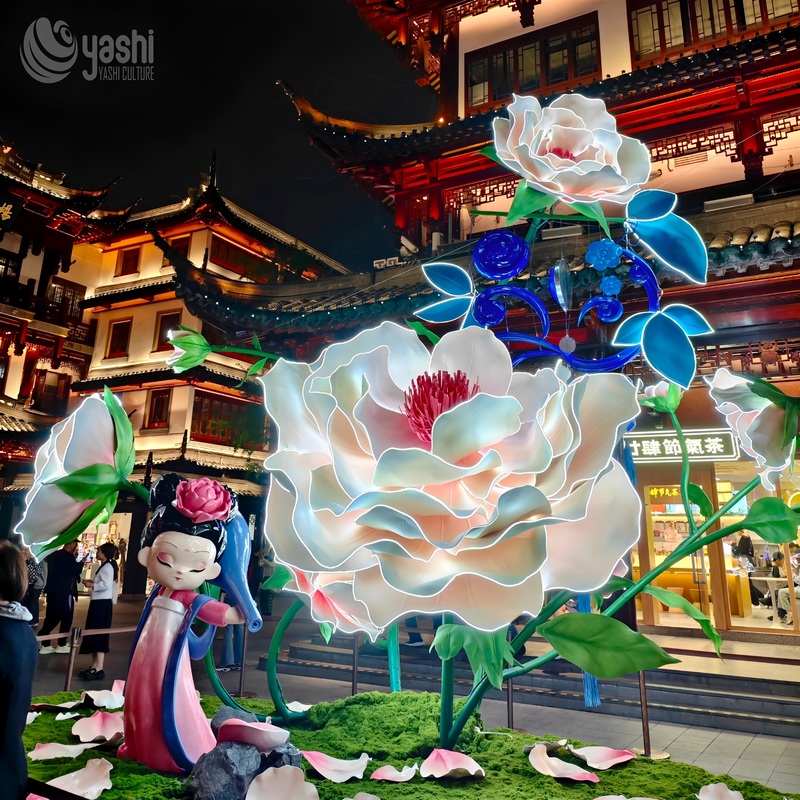 Custom Ancient Chinese Lady Peony Lantern Set, Large LED Traditional Character‑Floral Light Sculpture for Festival Show
