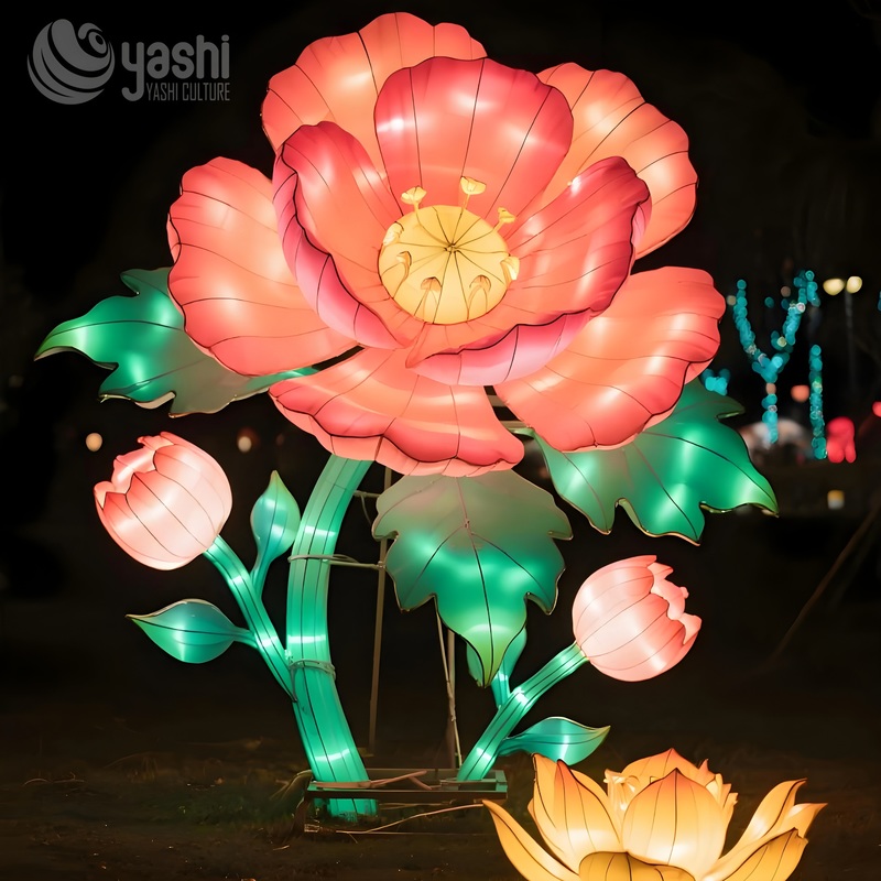 Custom Giant Peony Flower LED Lantern, Large Blooming Peony Light Sculpture for Garden & Cultural Light Festival