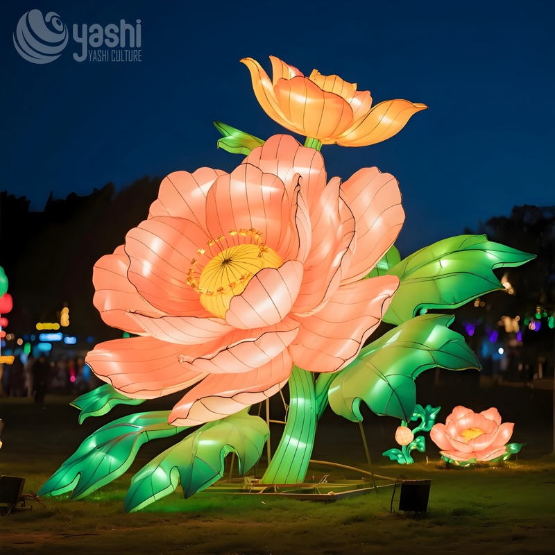 Custom Giant Peony Flower LED Lantern, Large Blooming Peony Light Sculpture for Garden & Cultural Light Festival