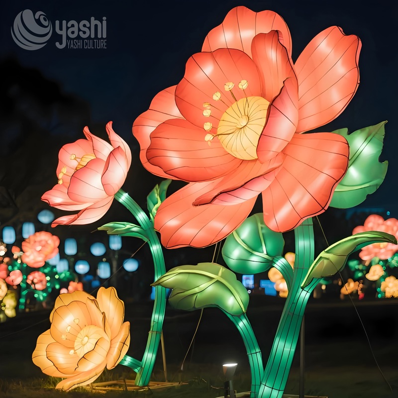 Custom Giant Peony Flower LED Lantern, Large Blooming Peony Light Sculpture for Garden & Cultural Light Festival