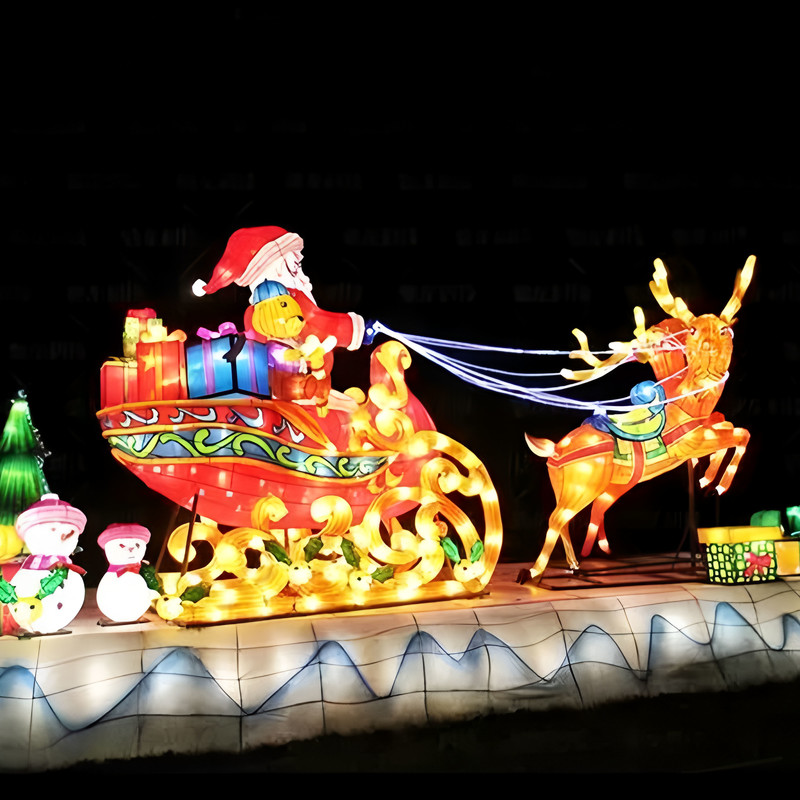 Santa Riding Reindeer Sleigh Silk Festival Lantern Set, Waterproof LED Christmas Light Sculpture for Outdoor Plaza, Shopping Mall Light Festival