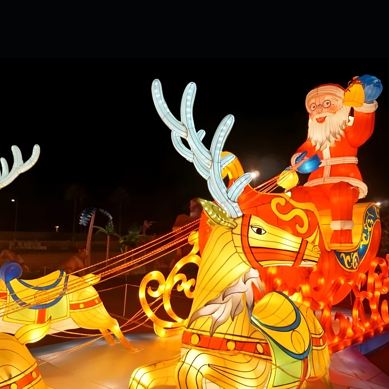 Santa Riding Reindeer Sleigh Silk Festival Lantern Set, Waterproof LED Christmas Light Sculpture for Outdoor Plaza, Shopping Mall Light Festival
