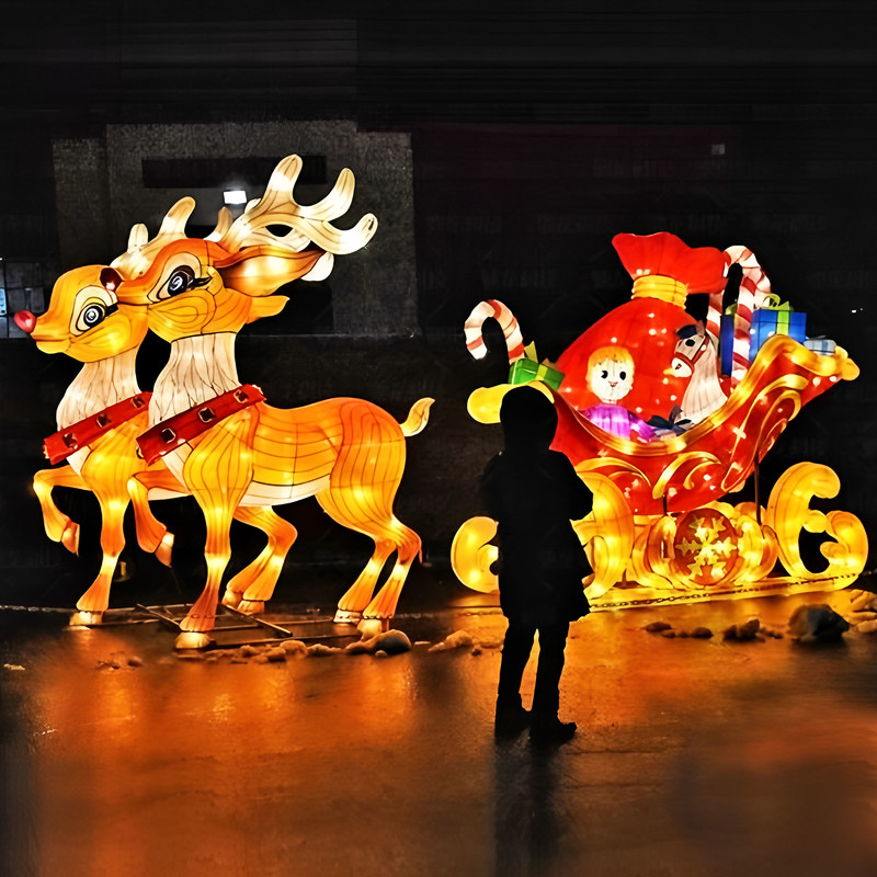 Santa Riding Reindeer Sleigh Silk Festival Lantern Set, Waterproof LED Christmas Light Sculpture for Outdoor Plaza, Shopping Mall Light Festival