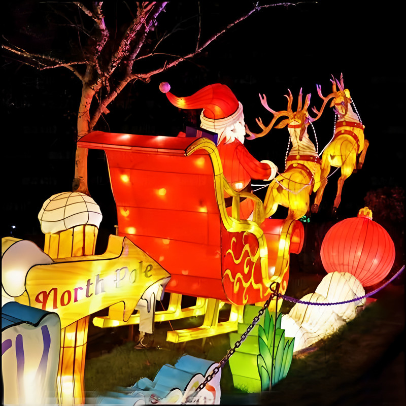 Santa Riding Reindeer Sleigh Silk Festival Lantern Set, Waterproof LED Christmas Light Sculpture for Outdoor Plaza, Shopping Mall Light Festival
