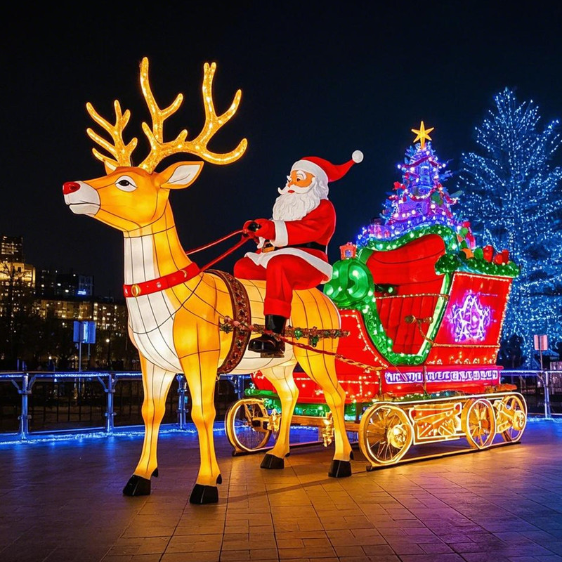 Santa Riding Reindeer Sleigh Silk Festival Lantern Set, Waterproof LED Christmas Light Sculpture for Outdoor Plaza, Shopping Mall Light Festival