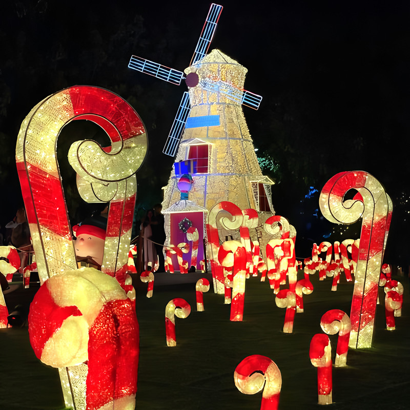 Candy Cane & Windmill LED Light Sculpture Set, Waterproof Outdoor Christmas Pathway Light Decoration for Light Festival, Park and Resort