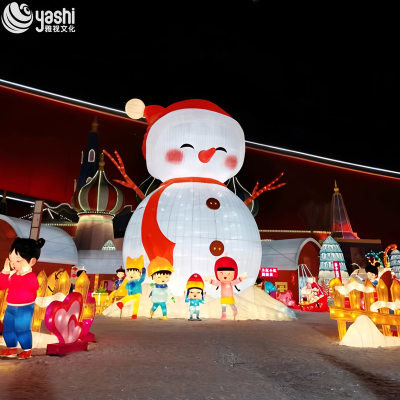 Giant Snowman Silk Lantern Set with Kids Figures, Outdoor LED Christmas Light Sculpture for Plaza Holiday Exhibition