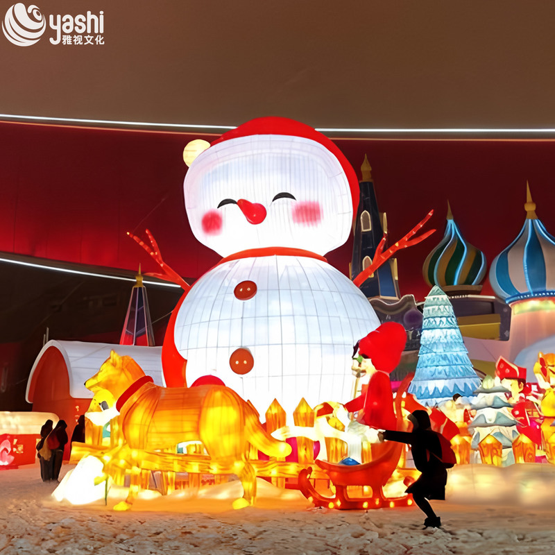 Giant Snowman Silk Lantern Set with Kids Figures, Outdoor LED Christmas Light Sculpture for Plaza Holiday Exhibition