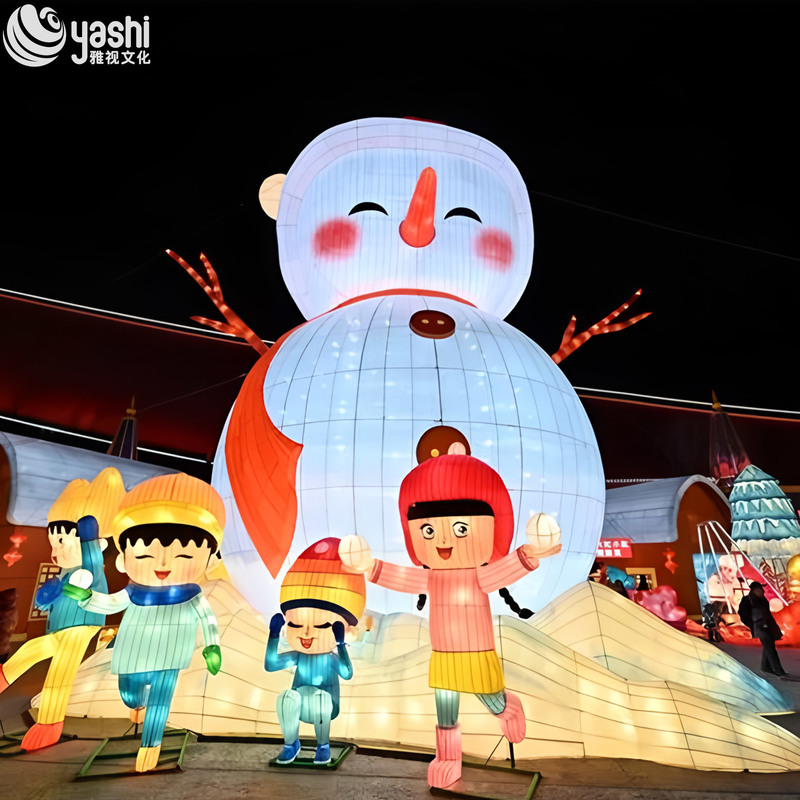 Giant Snowman Silk Lantern Set with Kids Figures, Outdoor LED Christmas Light Sculpture for Plaza Holiday Exhibition