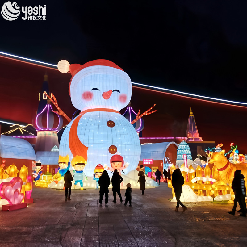 Giant Snowman Silk Lantern Set with Kids Figures, Outdoor LED Christmas Light Sculpture for Plaza Holiday Exhibition