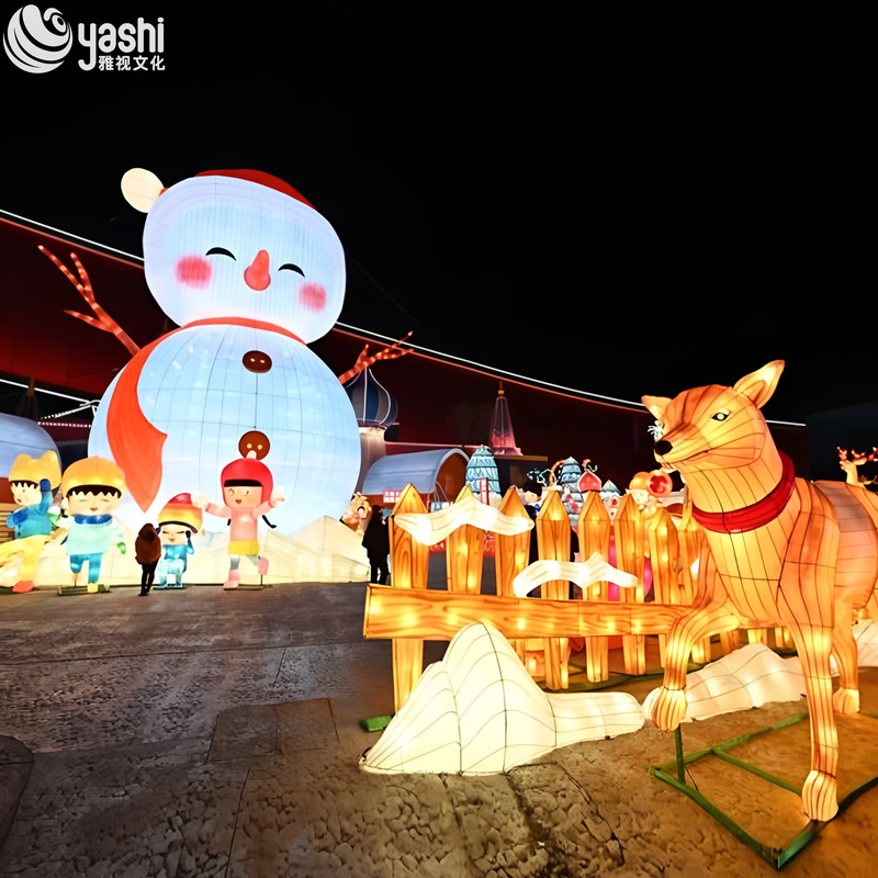 Giant Snowman Silk Lantern Set with Kids Figures, Outdoor LED Christmas Light Sculpture for Plaza Holiday Exhibition