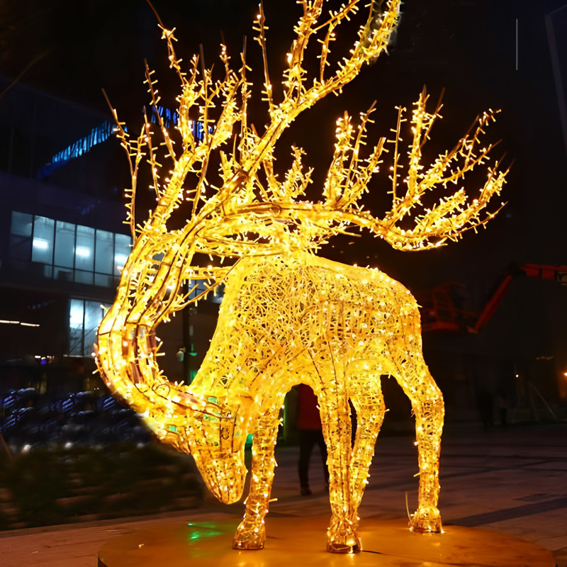 Golden Wire Frame LED Reindeer Light Sculpture With Tree Antlers, Waterproof Outdoor Christmas Light Decoration for Shopping Mall & Plaza