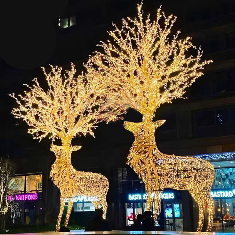 Golden Wire Frame LED Reindeer Light Sculpture With Tree Antlers, Waterproof Outdoor Christmas Light Decoration for Shopping Mall & Plaza