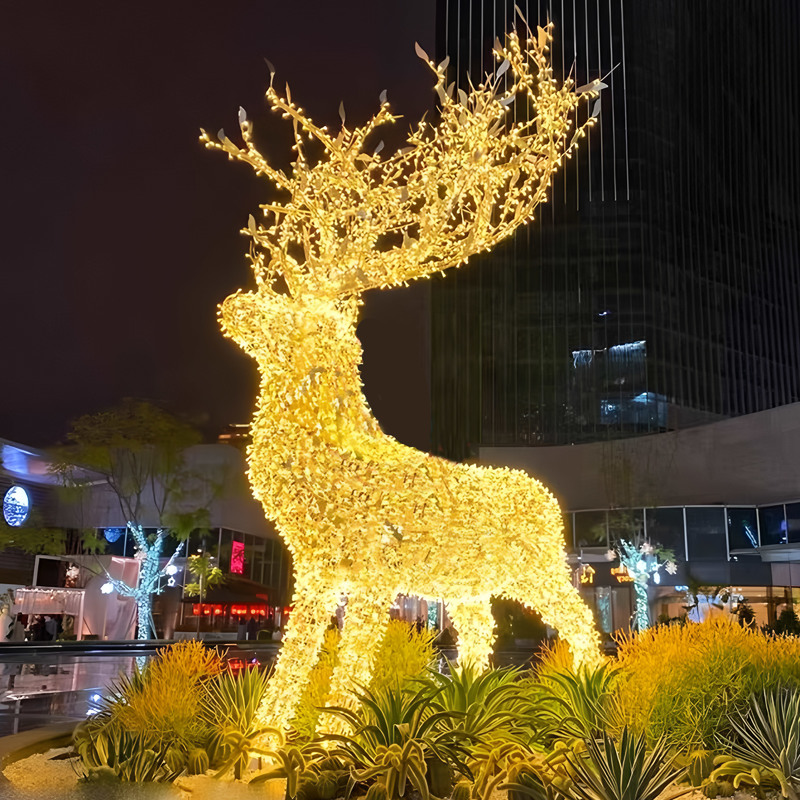 Golden Wire Frame LED Reindeer Light Sculpture With Tree Antlers, Waterproof Outdoor Christmas Light Decoration for Shopping Mall & Plaza