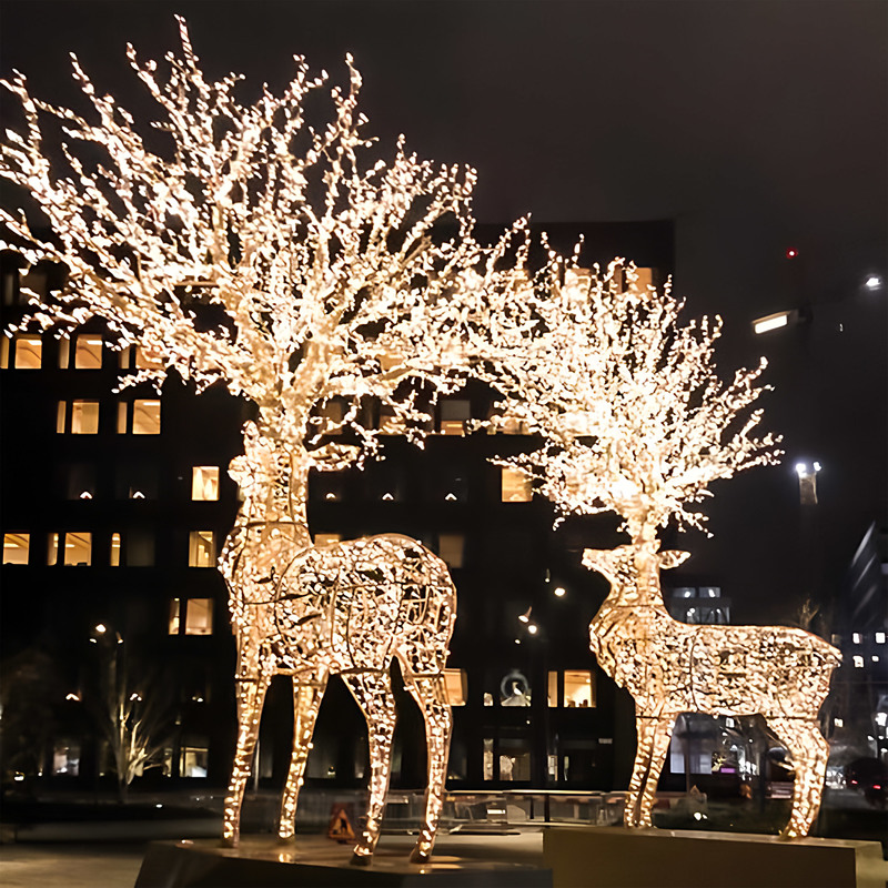 Golden Wire Frame LED Reindeer Light Sculpture With Tree Antlers, Waterproof Outdoor Christmas Light Decoration for Shopping Mall & Plaza