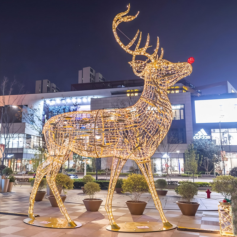 Golden Wire Frame LED Reindeer Light Sculpture With Tree Antlers, Waterproof Outdoor Christmas Light Decoration for Shopping Mall & Plaza