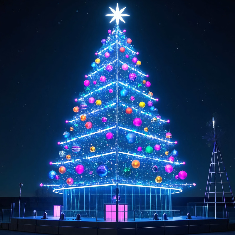 Giant Outdoor LED Lighted Christmas Tree with Colorful Baubles, Large Commercial Christmas Light Sculpture for Plaza Shopping Mall