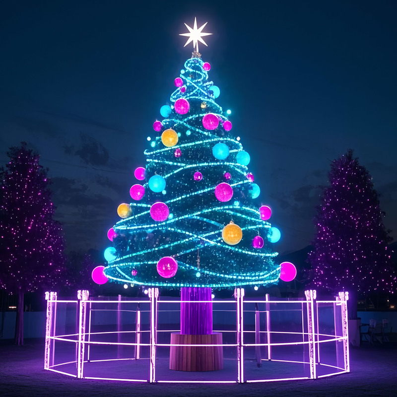 Giant Outdoor LED Lighted Christmas Tree with Colorful Baubles, Large Commercial Christmas Light Sculpture for Plaza Shopping Mall