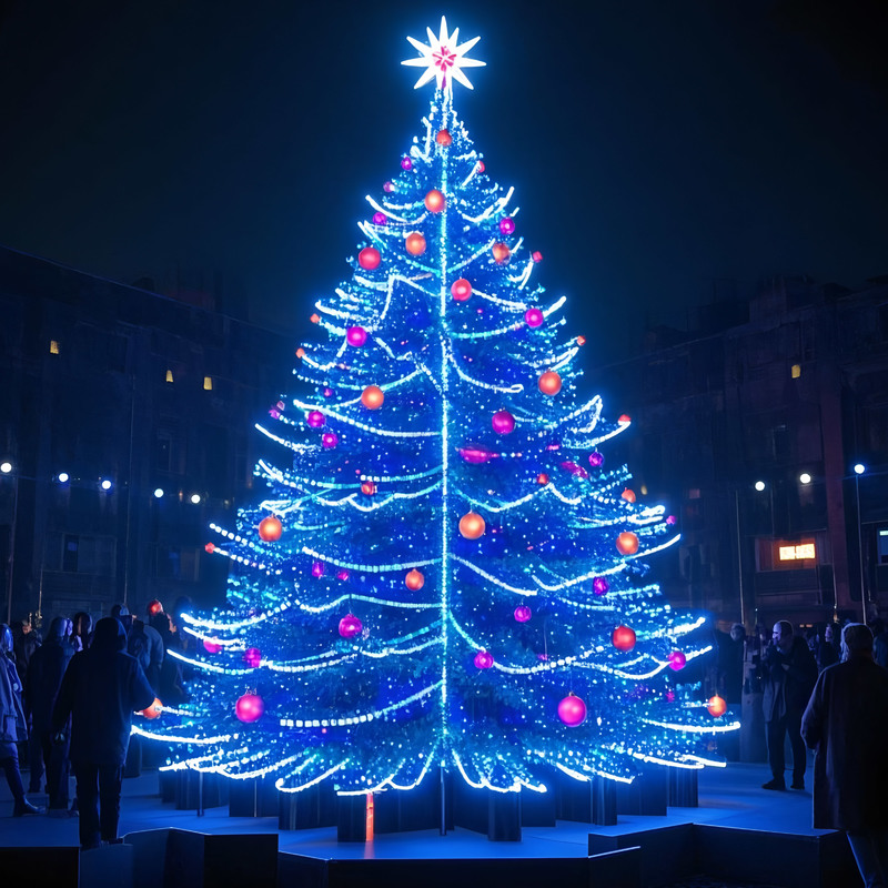 Giant Outdoor LED Lighted Christmas Tree with Colorful Baubles, Large Commercial Christmas Light Sculpture for Plaza Shopping Mall