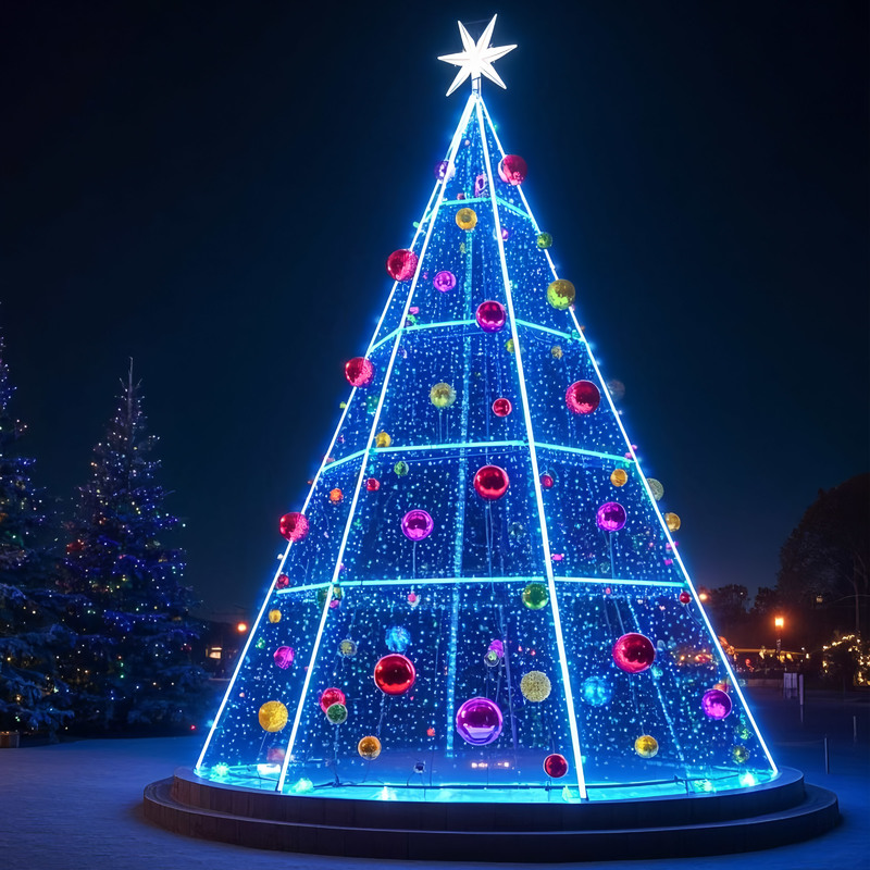 Giant Outdoor LED Lighted Christmas Tree with Colorful Baubles, Large Commercial Christmas Light Sculpture for Plaza Shopping Mall