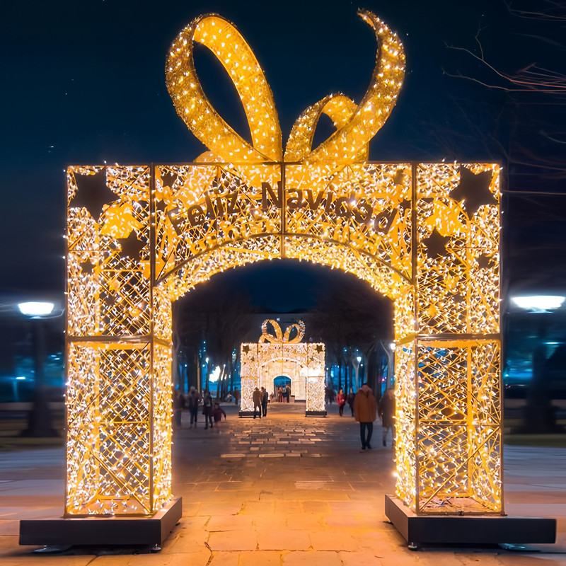 LED Gift Bow Light Arch, Large Outdoor Christmas Light Tunnel, Waterproof Commercial Festival Light Decoration for Shopping Mall Park