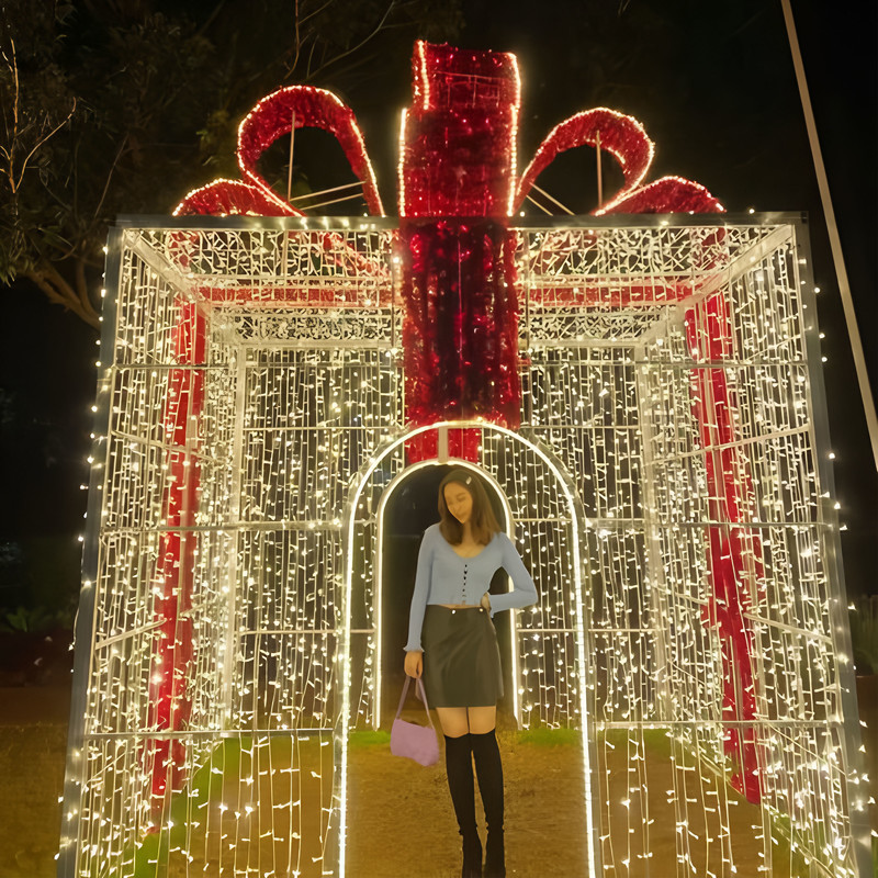 LED Gift Bow Light Arch, Large Outdoor Christmas Light Tunnel, Waterproof Commercial Festival Light Decoration for Shopping Mall Park
