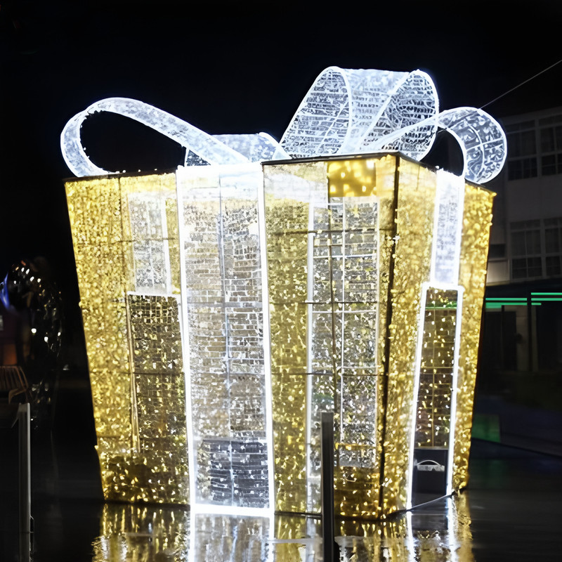 Walk-through Giant Gift Box Light Arch, Wire Frame Present Light Sculpture with Golden Bow for Commercial Holiday Photo Spots