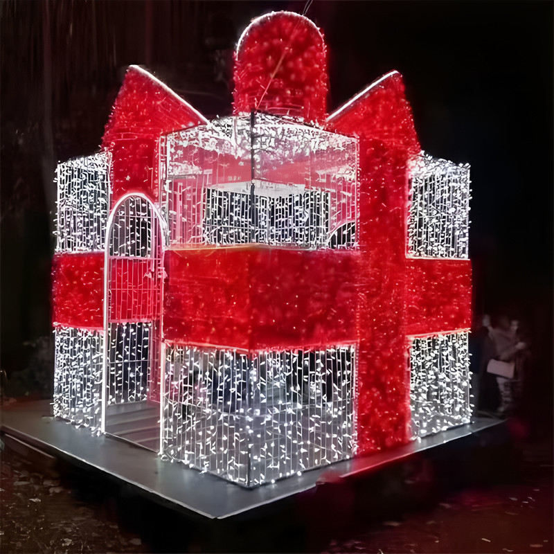 Walk-through Giant Gift Box Light Arch, Wire Frame Present Light Sculpture with Golden Bow for Commercial Holiday Photo Spots